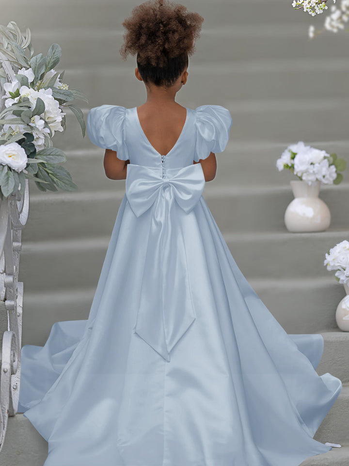 Robe de Demoiselle D'Honneur à Manches Bouffantes, Nœud, Bouton Au Dos, Traîne