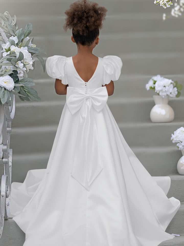 Robe de Demoiselle D'Honneur à Manches Bouffantes, Nœud, Bouton Au Dos, Traîne