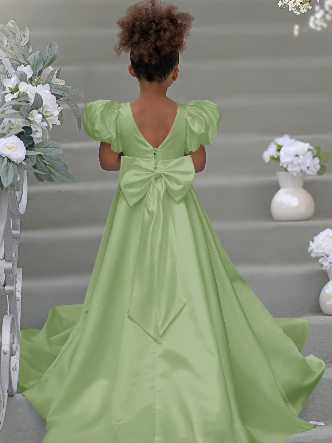 Robe de Demoiselle D'Honneur à Manches Bouffantes, Nœud, Bouton Au Dos, Traîne