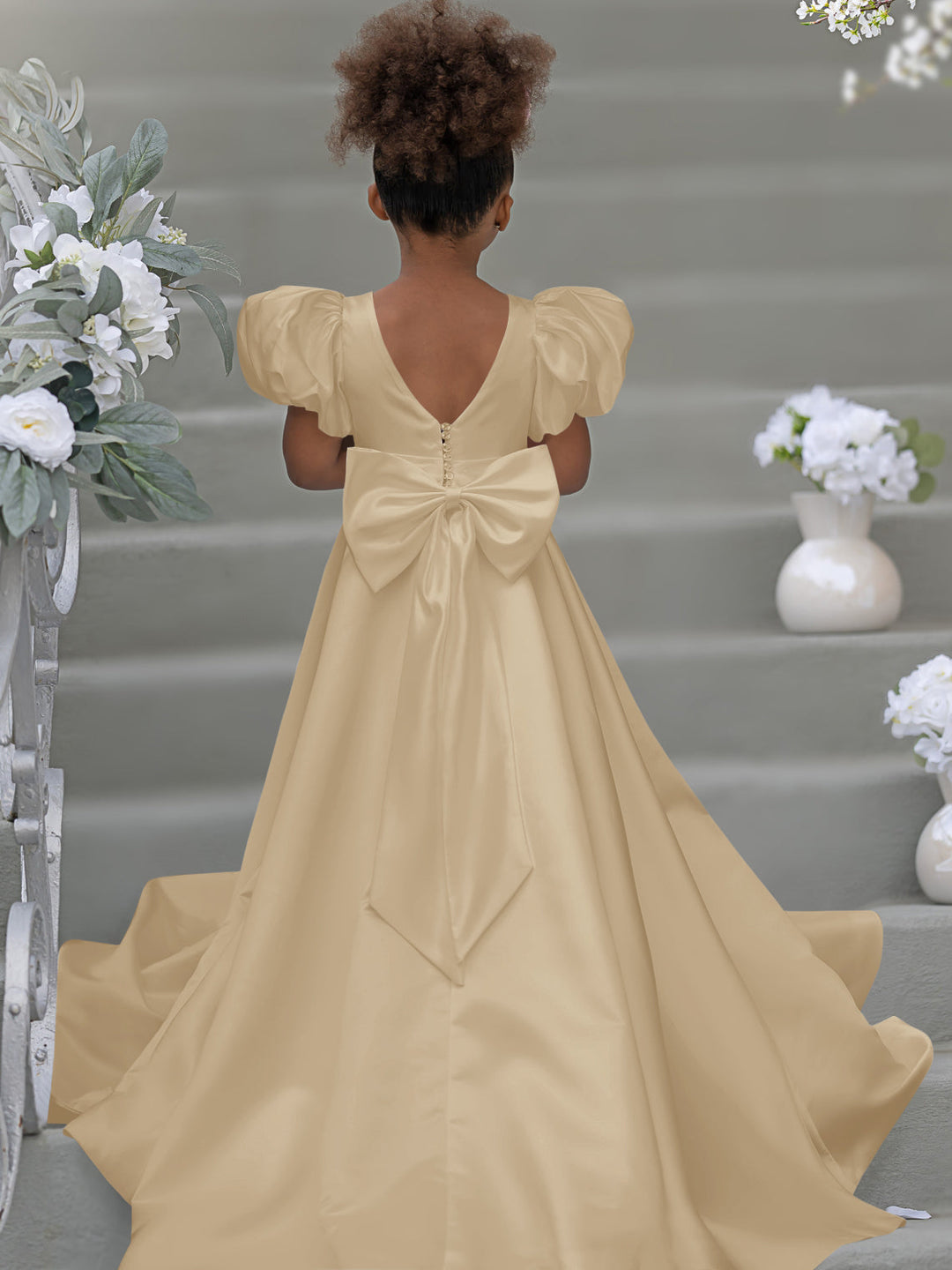Robe de Demoiselle D'Honneur à Manches Bouffantes, Nœud, Bouton Au Dos, Traîne