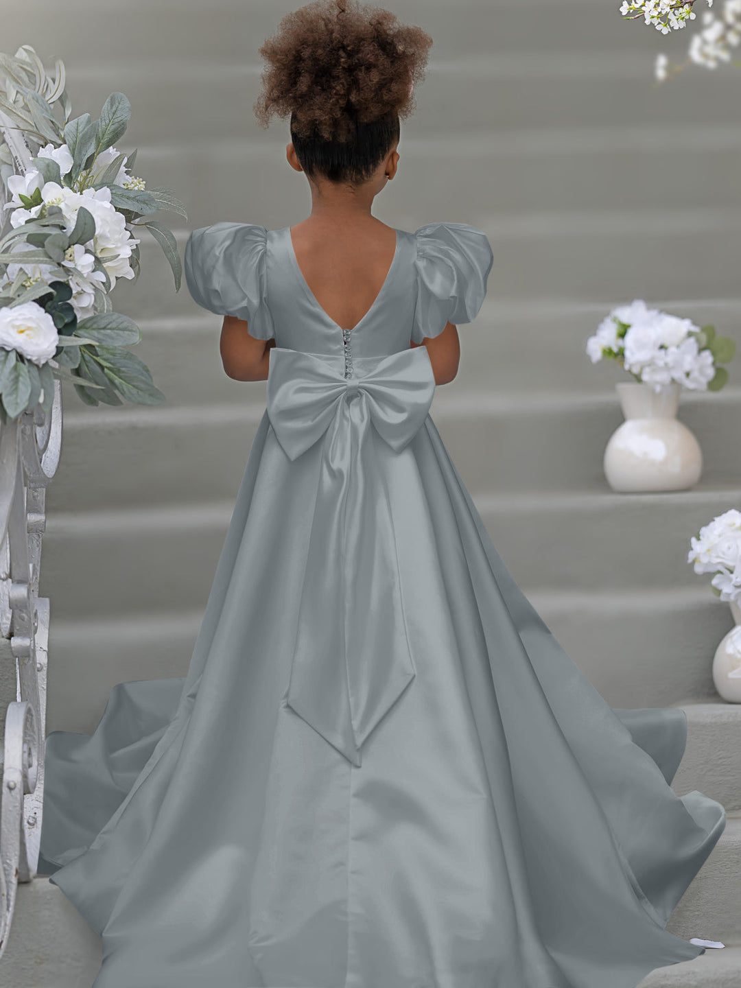 Robe de Demoiselle D'Honneur à Manches Bouffantes, Nœud, Bouton Au Dos, Traîne
