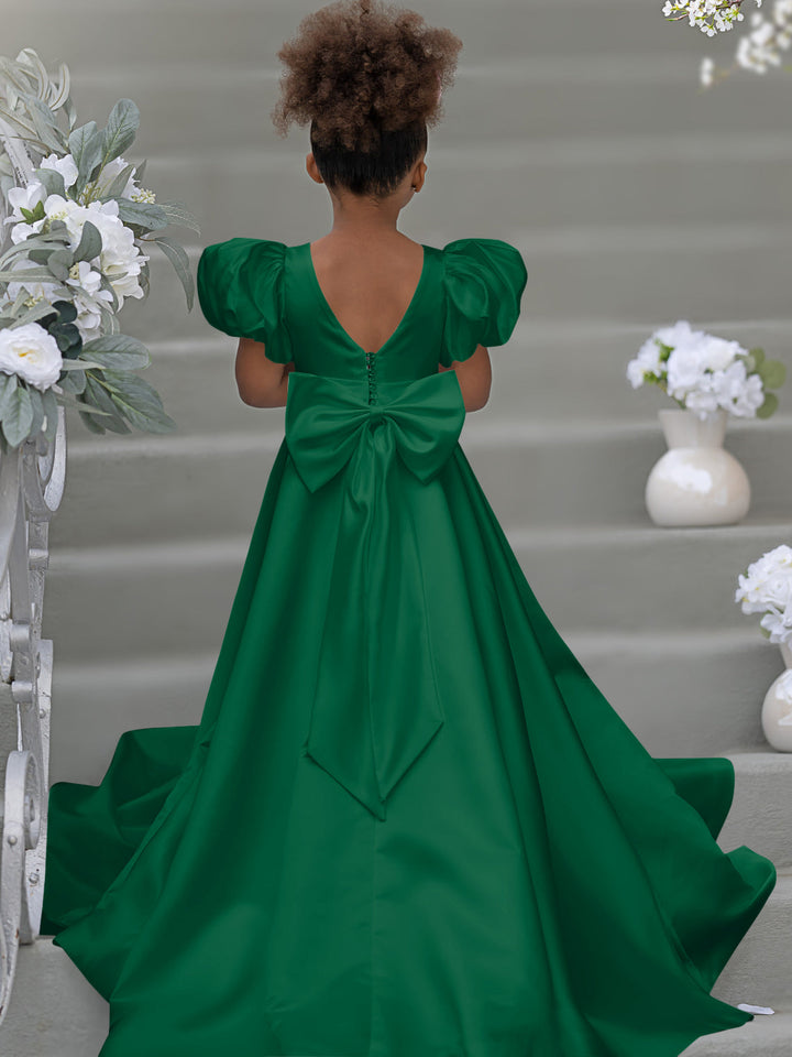 Robe de Demoiselle D'Honneur à Manches Bouffantes, Nœud, Bouton Au Dos, Traîne