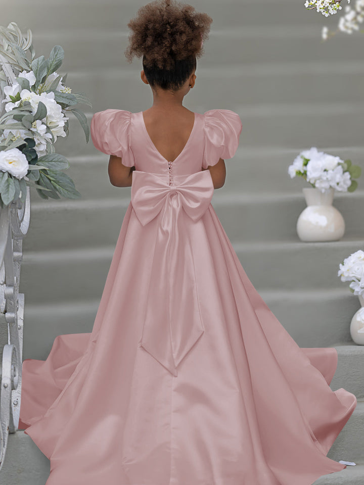 Robe de Demoiselle D'Honneur à Manches Bouffantes, Nœud, Bouton Au Dos, Traîne