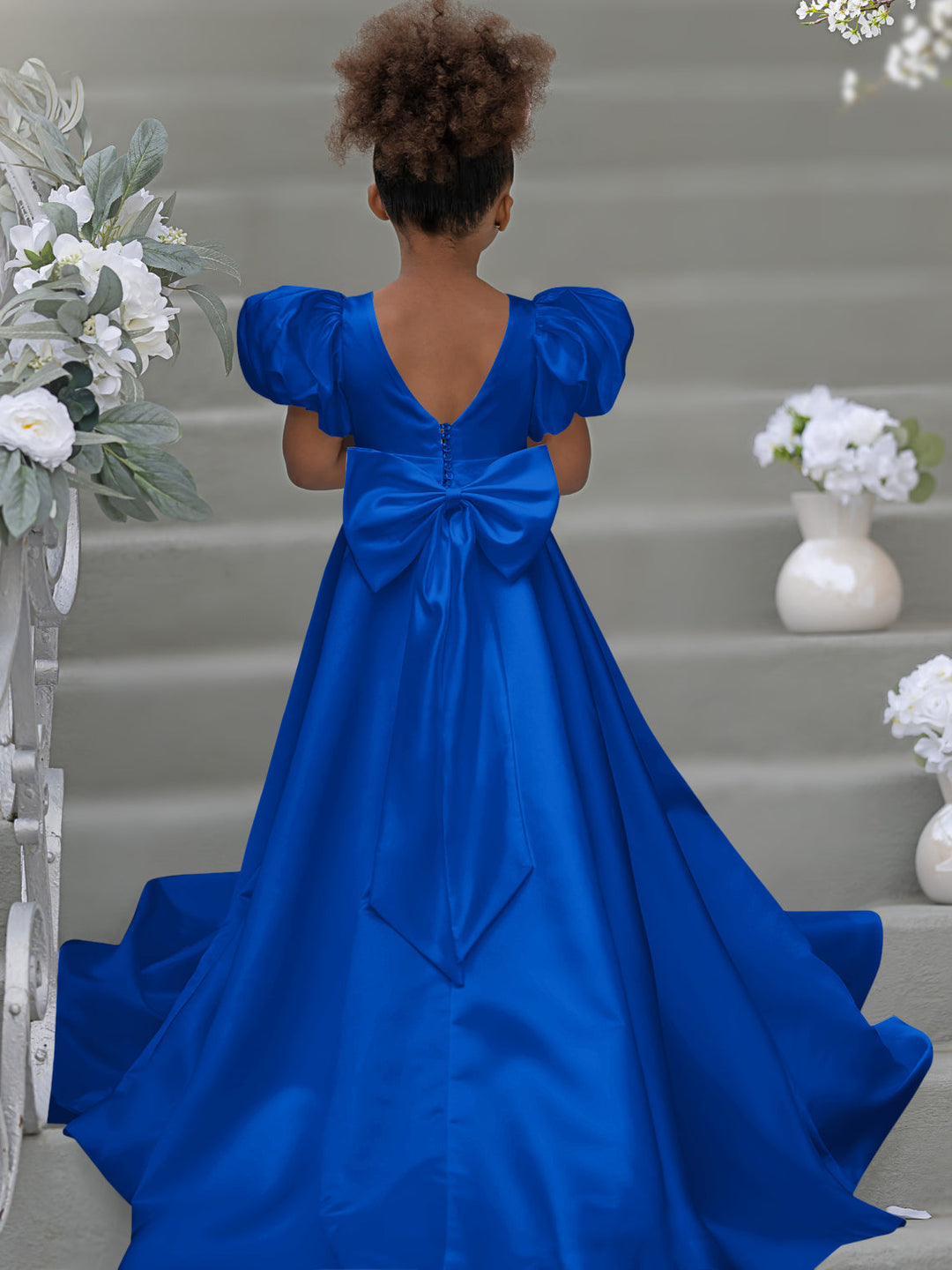 Robe de Demoiselle D'Honneur à Manches Bouffantes, Nœud, Bouton Au Dos, Traîne