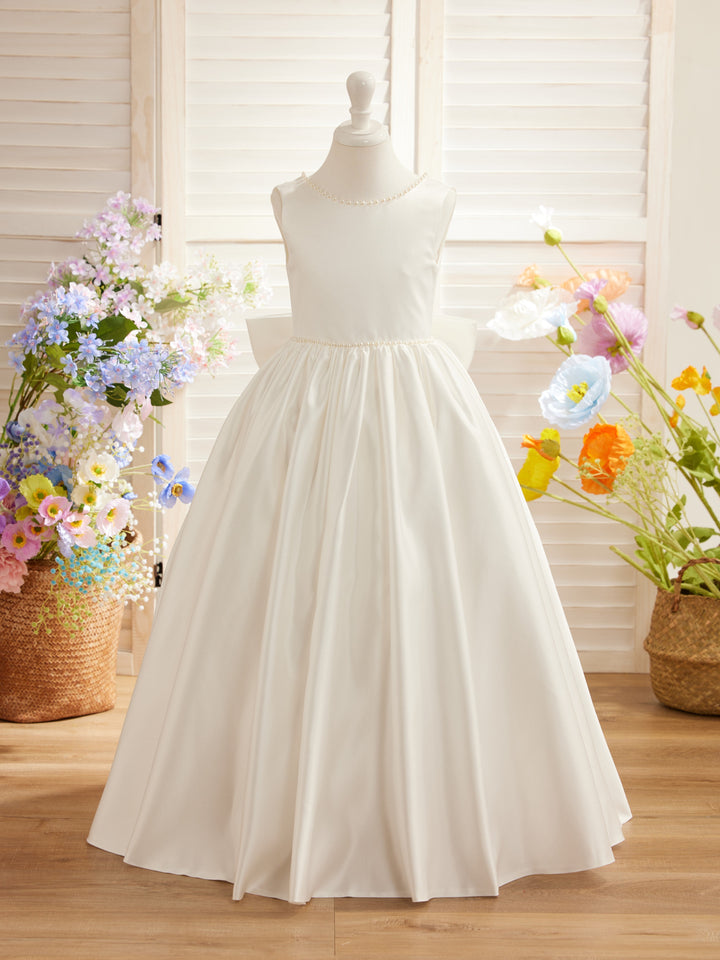 Robe Rose en Satin Sans Manches avec Décolleté Perlé et Nœud
