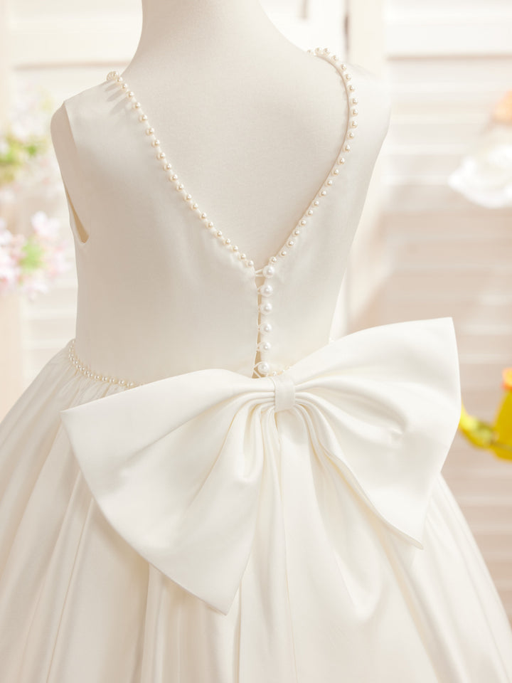 Robe Rose en Satin Sans Manches avec Décolleté Perlé et Nœud