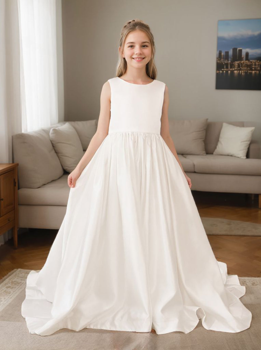 Robe de Demoiselle D'Honneur en Satin Sans Manches de Princesse Coupe A avec Traîne et Nœud