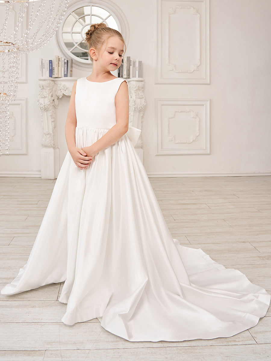 Robe de Demoiselle D'Honneur en Satin Sans Manches de Princesse Coupe A avec Traîne et Nœud