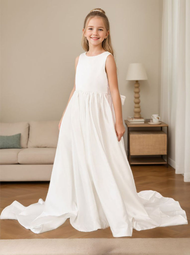 Robe de Demoiselle D'Honneur en Satin Sans Manches de Princesse Coupe A avec Traîne et Nœud