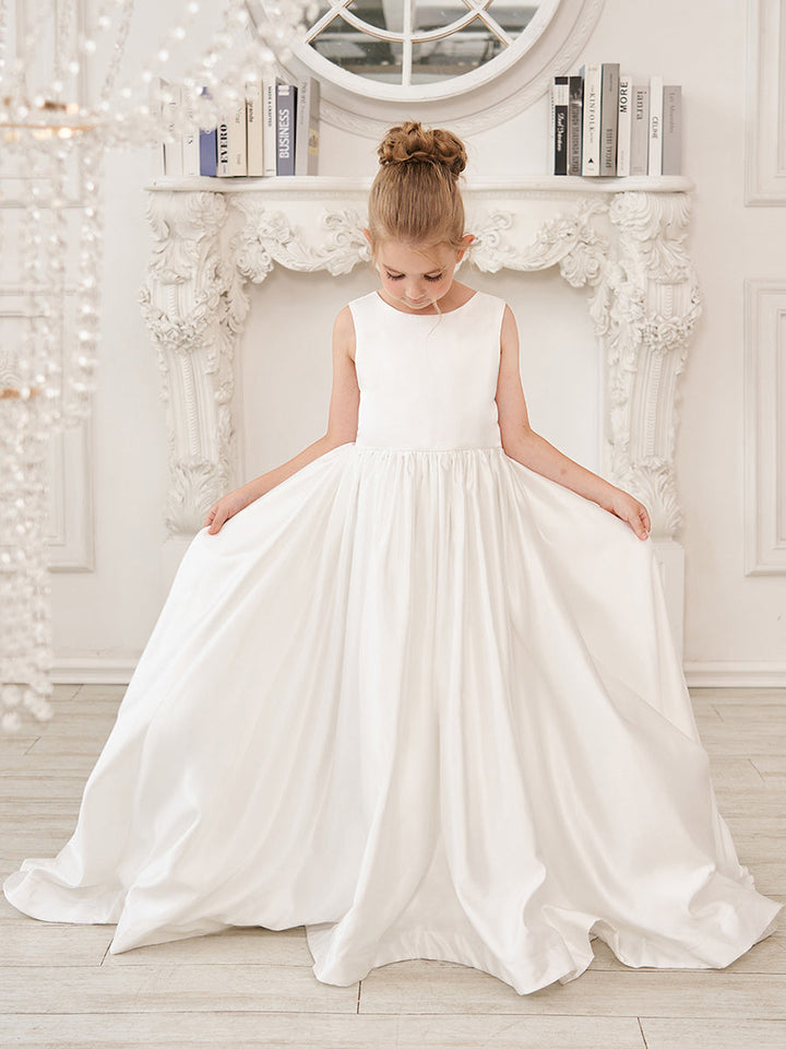 Robe de Demoiselle D'Honneur en Satin Sans Manches de Princesse Coupe A avec Traîne et Nœud