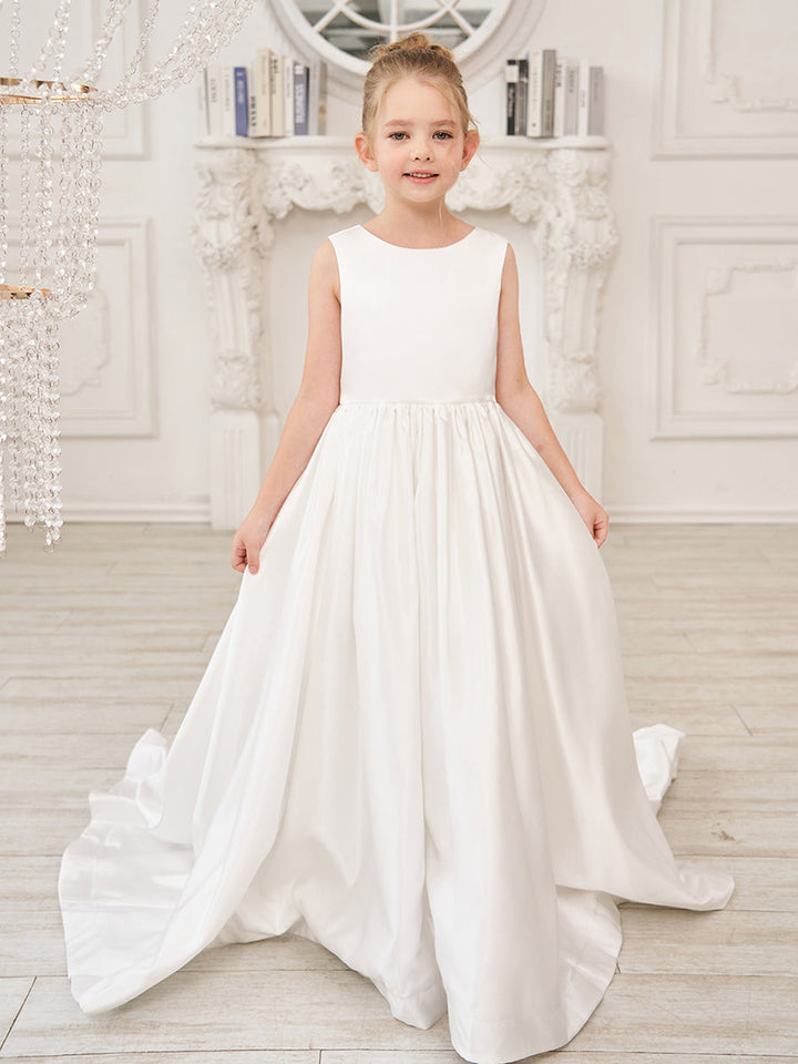 Robe de Demoiselle D'Honneur en Satin Sans Manches de Princesse Coupe A avec Traîne et Nœud
