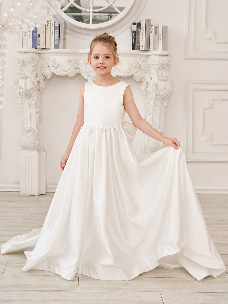 Robe de Demoiselle D'Honneur en Satin Sans Manches de Princesse Coupe A avec Traîne et Nœud
