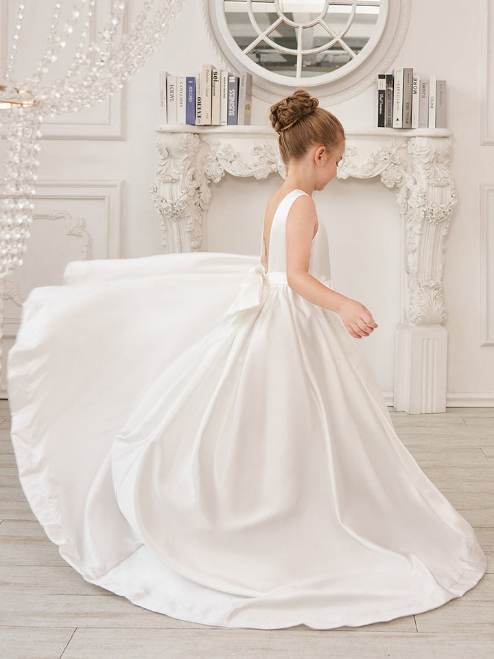 Robe de Demoiselle D'Honneur en Satin Sans Manches de Princesse Coupe A avec Traîne et Nœud