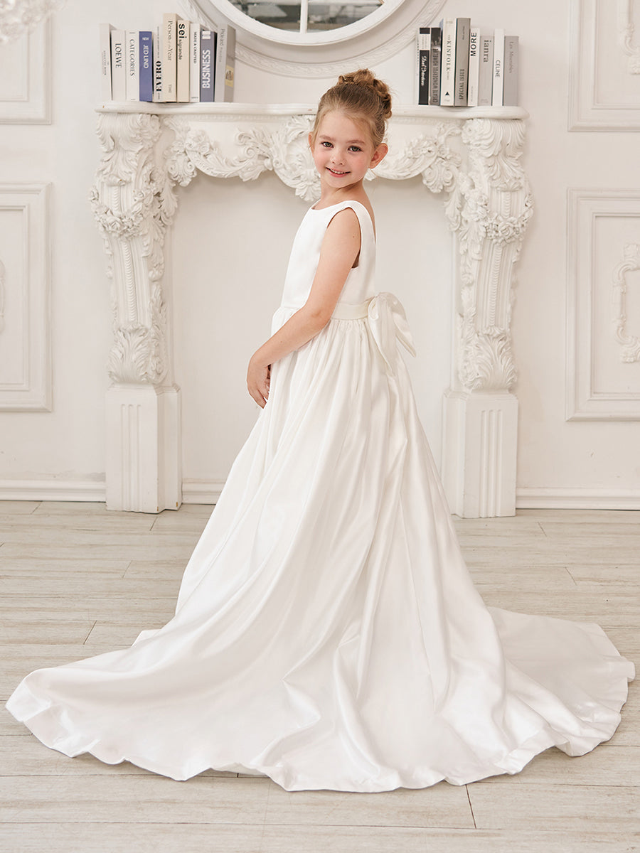Robe de Demoiselle D'Honneur en Satin Sans Manches de Princesse Coupe A avec Traîne et Nœud