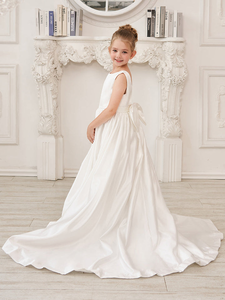 Robe de Demoiselle D'Honneur en Satin Sans Manches de Princesse Coupe A avec Traîne et Nœud