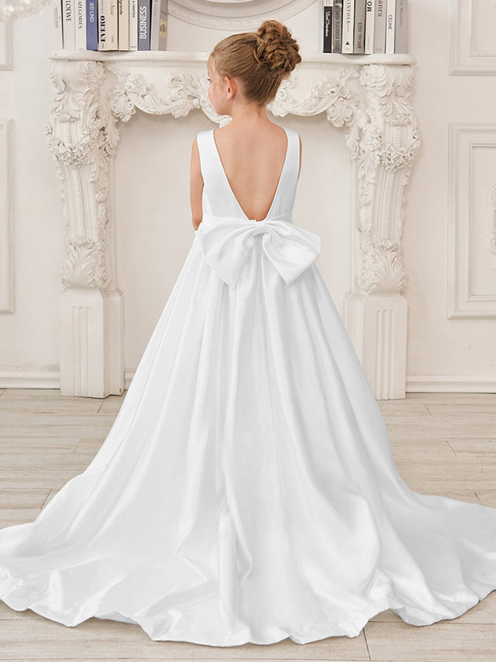 Robe de Demoiselle D'Honneur en Satin Sans Manches de Princesse Coupe A avec Traîne et Nœud