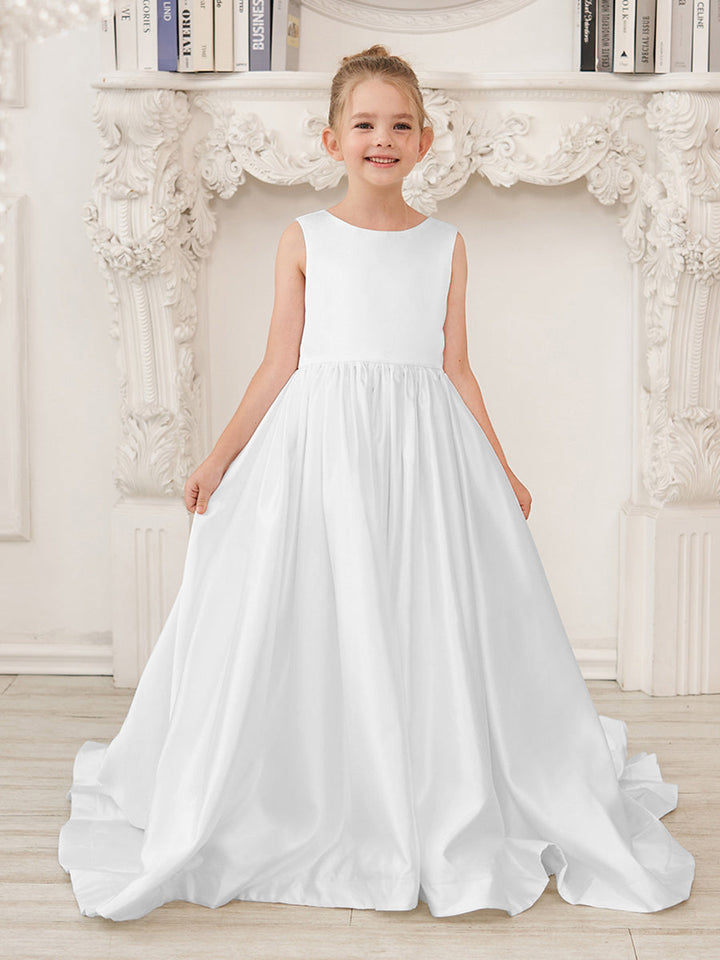 Robe de Demoiselle D'Honneur en Satin Sans Manches de Princesse Coupe A avec Traîne et Nœud