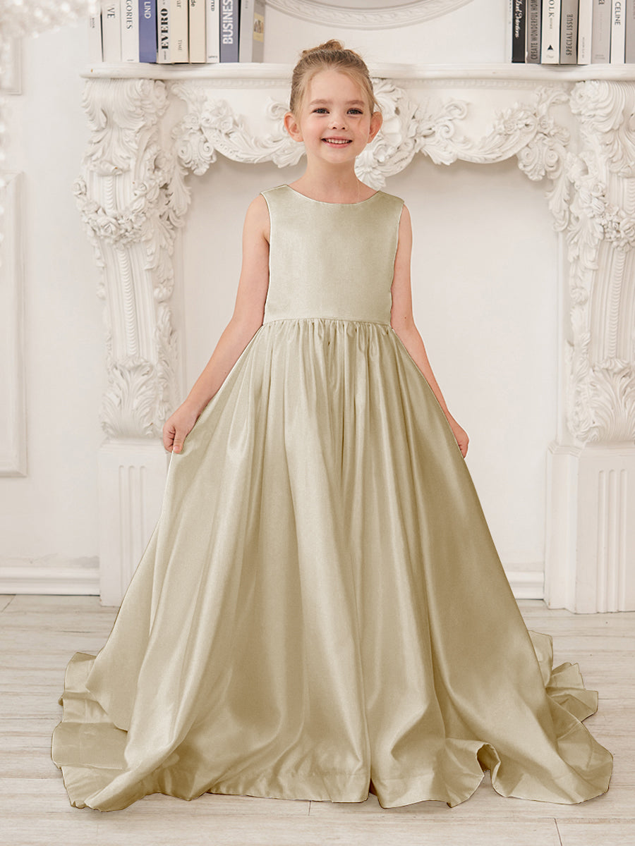 Robe de Demoiselle D'Honneur en Satin Sans Manches de Princesse Coupe A avec Traîne et Nœud
