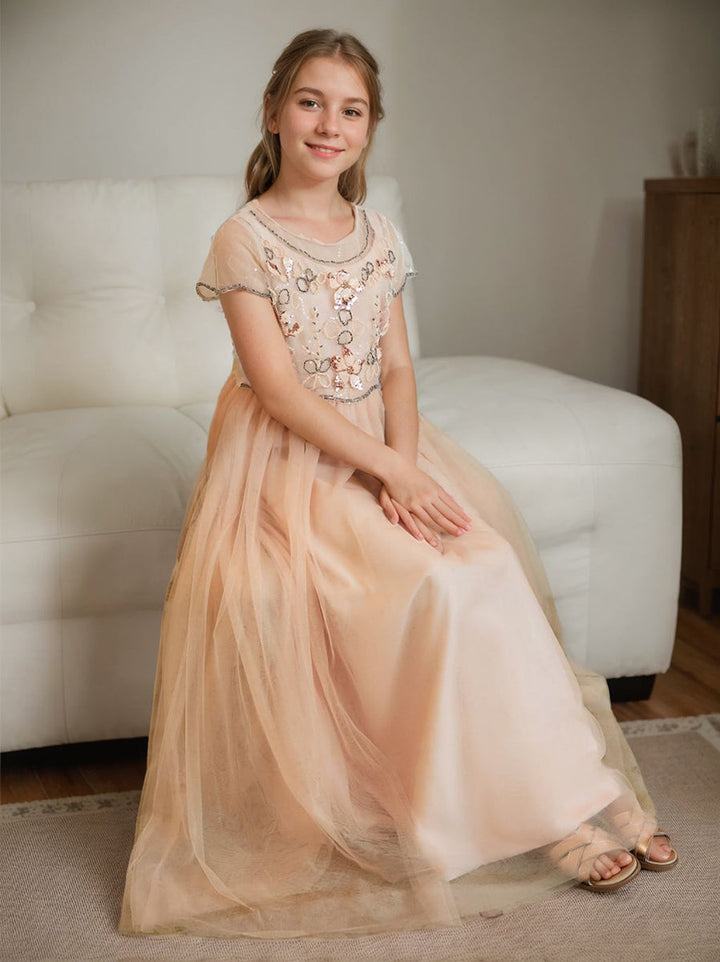 Robe de Demoiselle D'Honneur Rose en Mousseline de Soie Coupe A-Line Longueur Au Sol