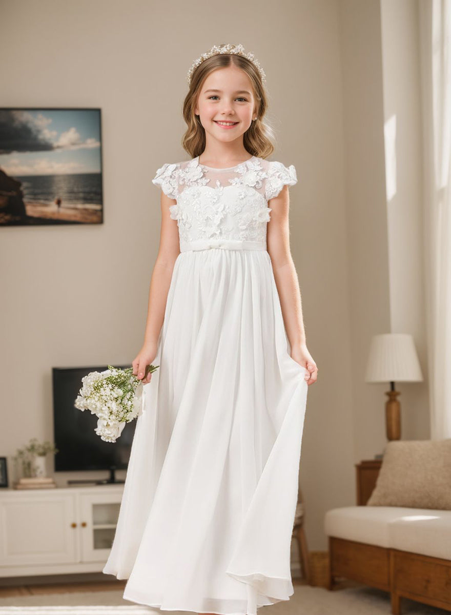 Robe de Première Communion Ivoire Longue en Mousseline de Soie et Tulle