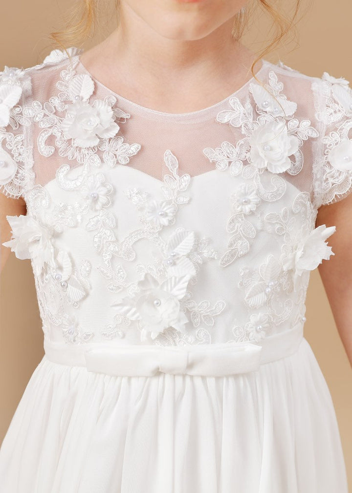 Robe de Première Communion Ivoire Longue en Mousseline de Soie et Tulle