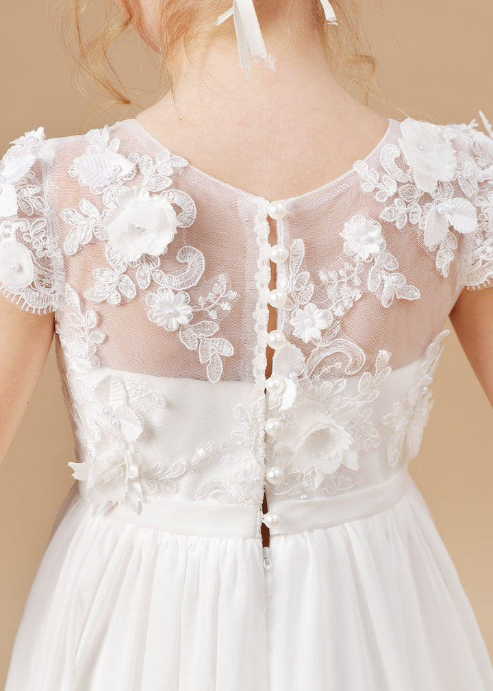 Robe de Première Communion Ivoire Longue en Mousseline de Soie et Tulle