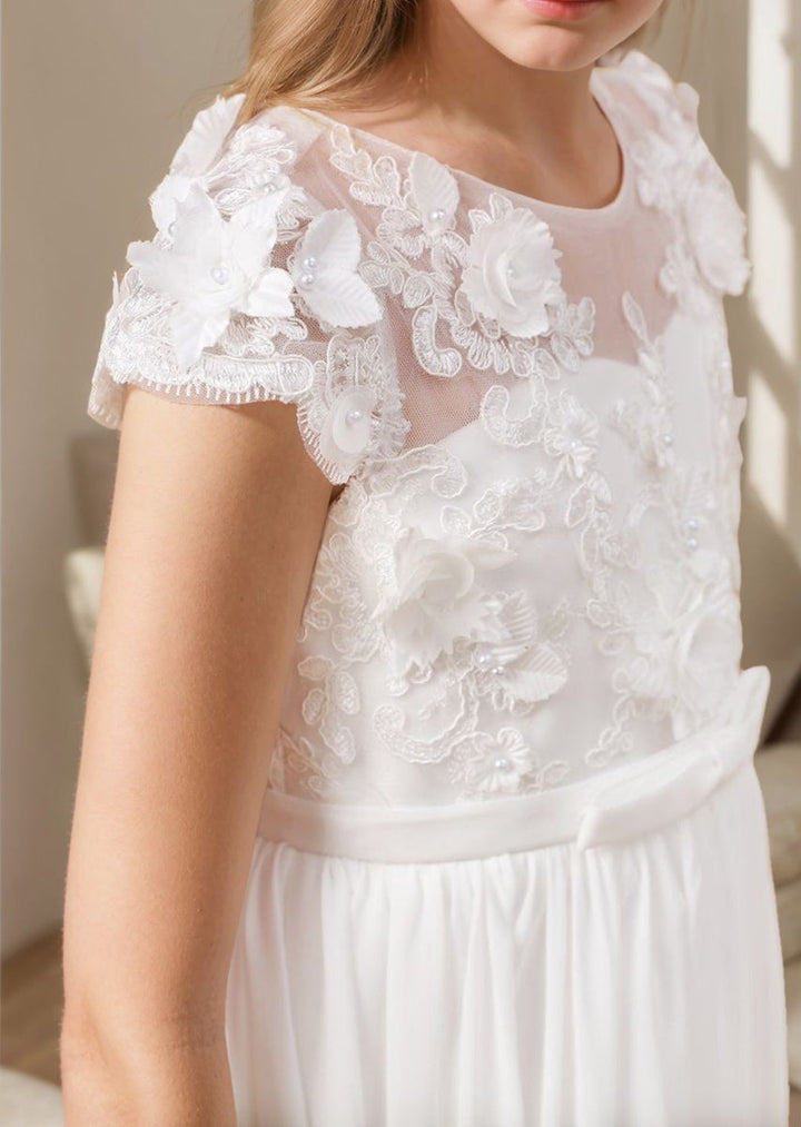 Robe de Première Communion Ivoire Longue en Mousseline de Soie et Tulle