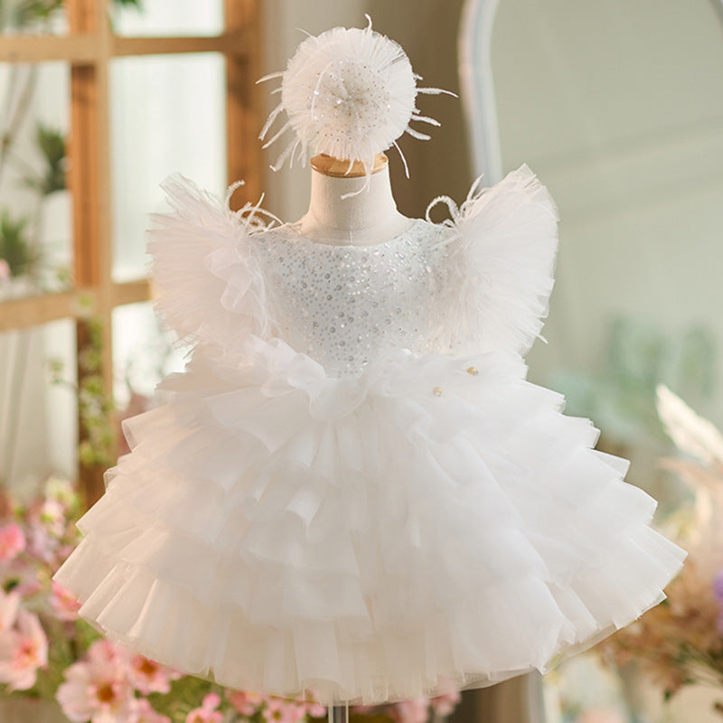 Robe de Soirée 1Er Anniversaire en Tulle à Paillettes Longueur Genou