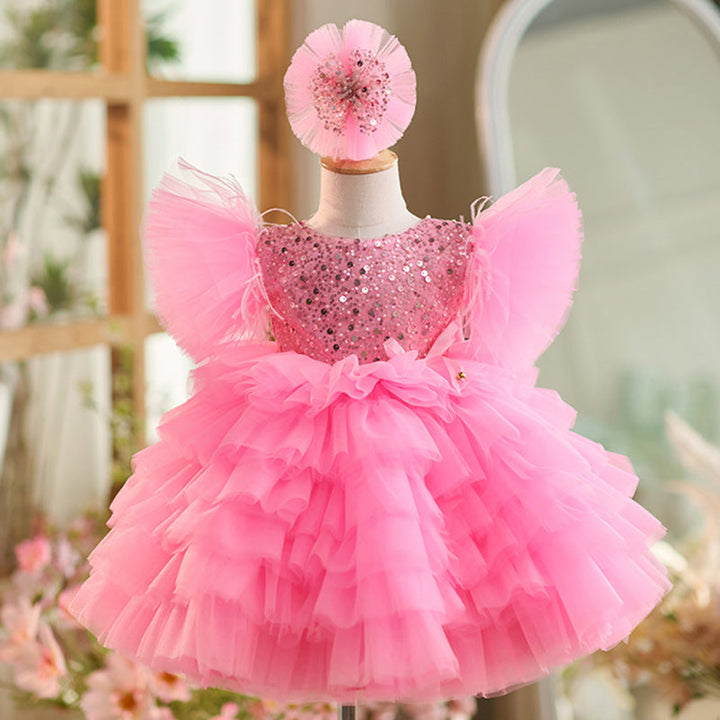 Robe de Soirée 1Er Anniversaire en Tulle à Paillettes Longueur Genou