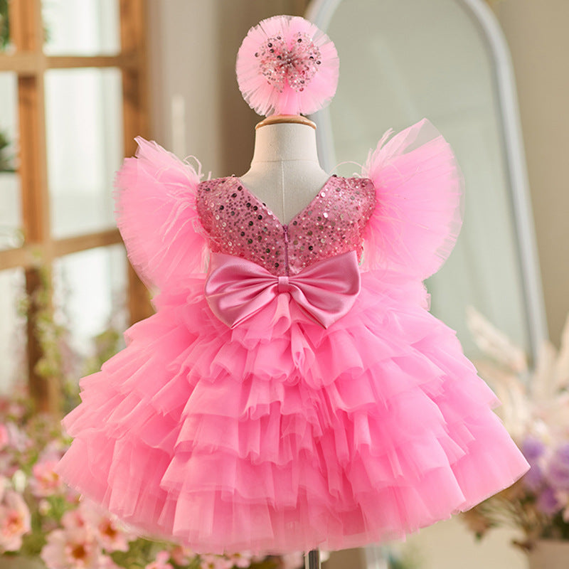 Robe de Soirée 1Er Anniversaire en Tulle à Paillettes Longueur Genou