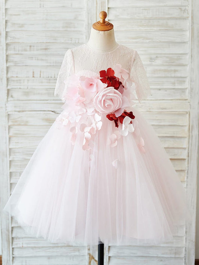 Robes de Demoiselle D'Honneur 3D en Tulle et Dentelle à Manches 1/2 en Ligne A Jusqu'Aux Genoux