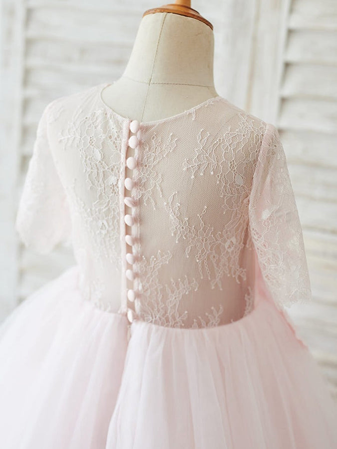 Robes de Demoiselle D'Honneur 3D en Tulle et Dentelle à Manches 1/2 en Ligne A Jusqu'Aux Genoux