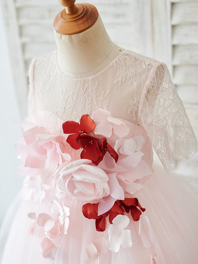 Robes de Demoiselle D'Honneur 3D en Tulle et Dentelle à Manches 1/2 en Ligne A Jusqu'Aux Genoux