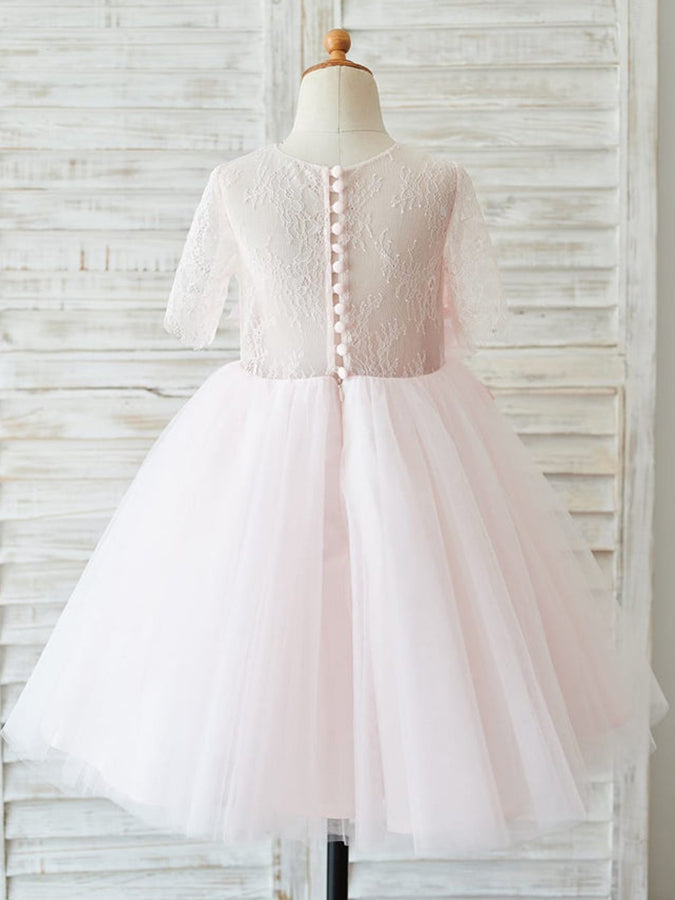 Robes de Demoiselle D'Honneur 3D en Tulle et Dentelle à Manches 1/2 en Ligne A Jusqu'Aux Genoux