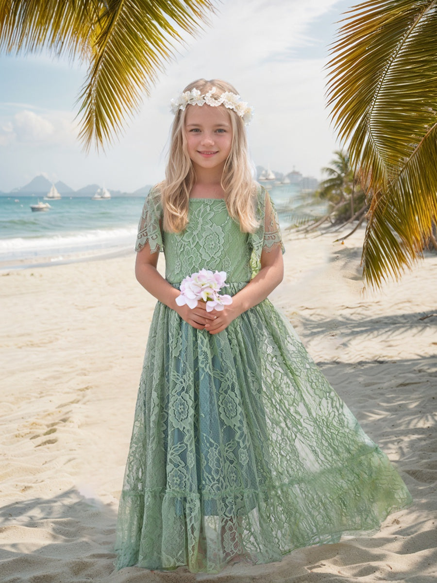 Robe Fleurie Style Bohème en Dentelle Vert Sauge pour Station Balnéaire