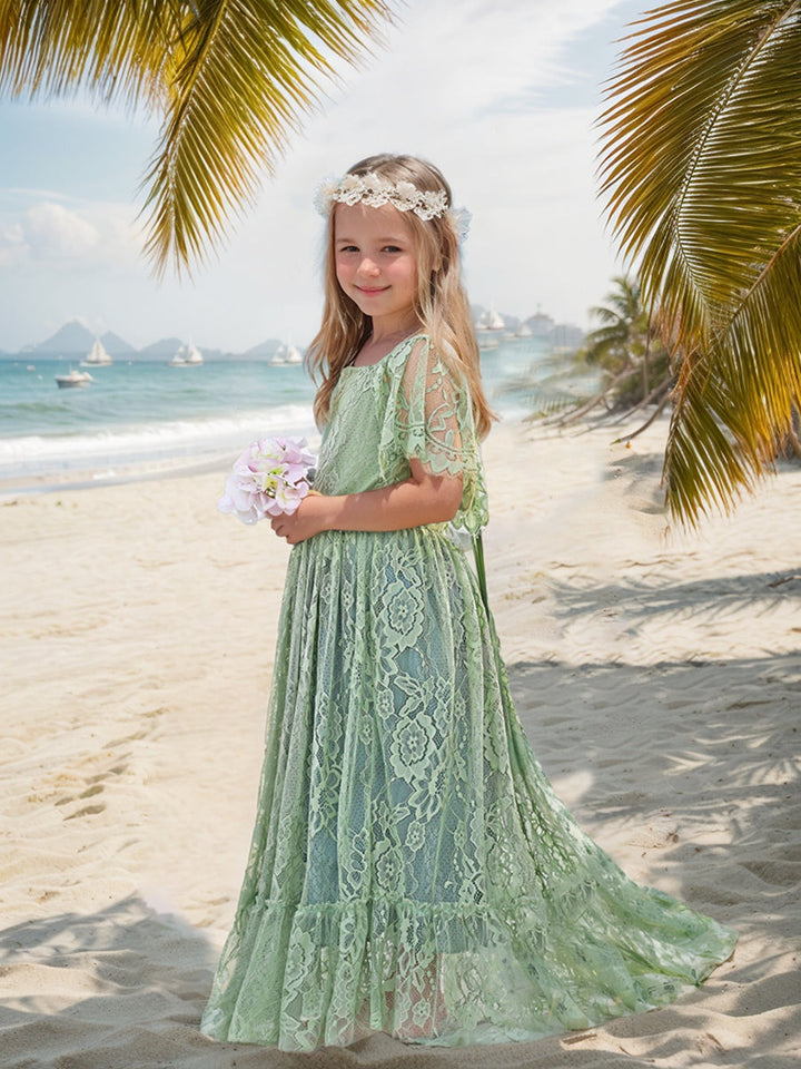 Robe Fleurie Style Bohème en Dentelle Vert Sauge pour Station Balnéaire