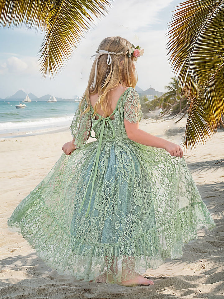 Robe Fleurie Style Bohème en Dentelle Vert Sauge pour Station Balnéaire