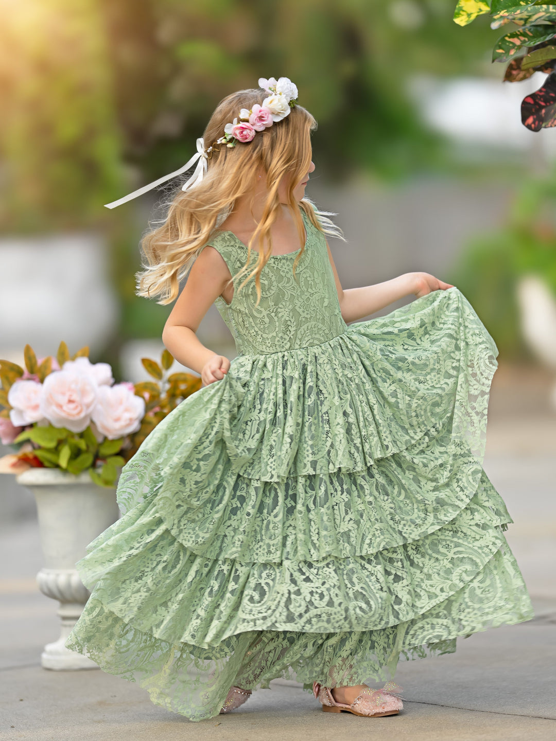 Robe de Demoiselle D'Honneur pour Petite Fille en Tulle et Dentelle Coupe A-Line