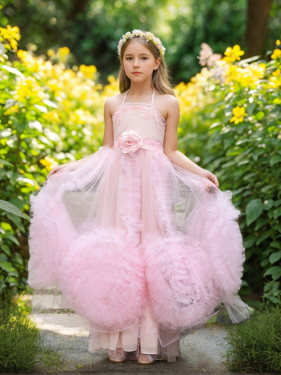 Robe de Demoiselle D'Honneur Rose en Mousseline de Soie Coupe A-Line Longueur Au Sol