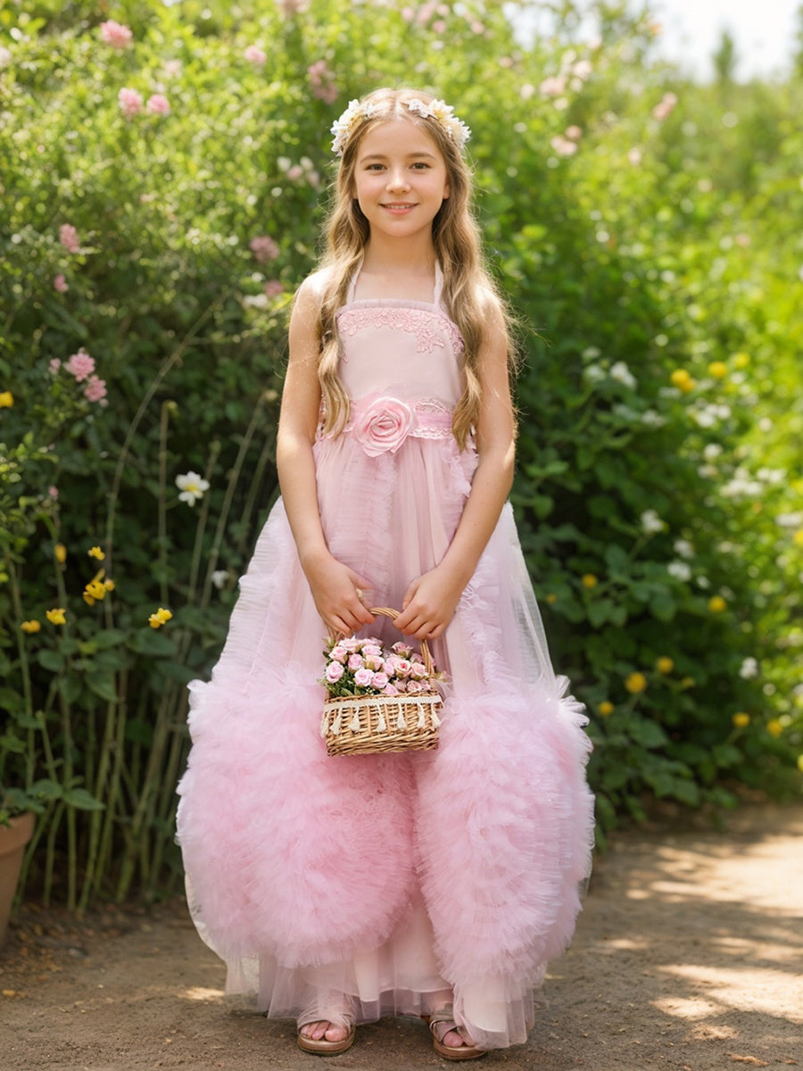 Robe de Demoiselle D'Honneur Rose en Mousseline de Soie Coupe A-Line Longueur Au Sol