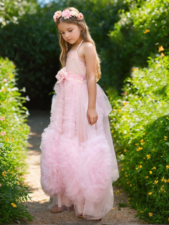 Robe de Demoiselle D'Honneur Rose en Mousseline de Soie Coupe A-Line Longueur Au Sol