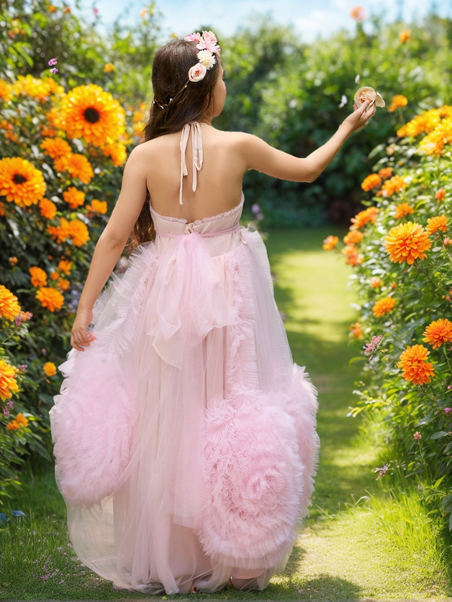 Robe de Demoiselle D'Honneur Rose en Mousseline de Soie Coupe A-Line Longueur Au Sol