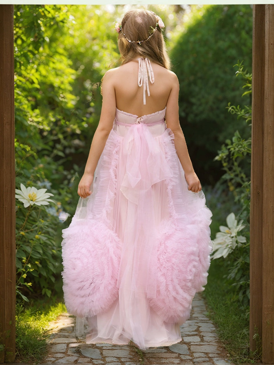Robe de Demoiselle D'Honneur Rose en Mousseline de Soie Coupe A-Line Longueur Au Sol