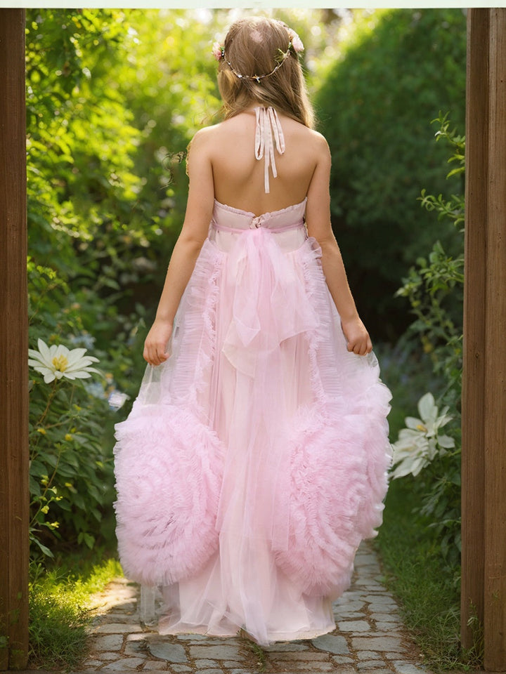 Robe de Demoiselle D'Honneur Rose en Mousseline de Soie Coupe A-Line Longueur Au Sol