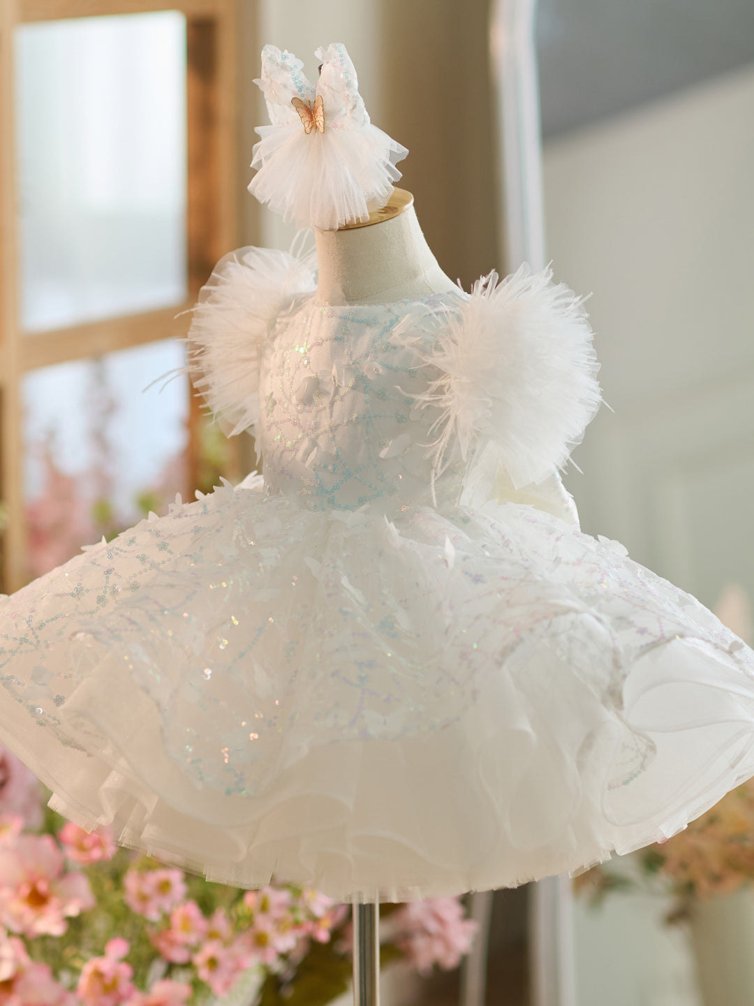 Robe de Soirée 1Er Anniversaire en Tulle à Paillettes Longueur Genou