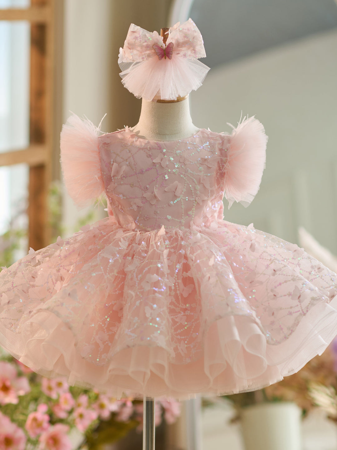 Robe de Soirée 1Er Anniversaire en Tulle à Paillettes Longueur Genou
