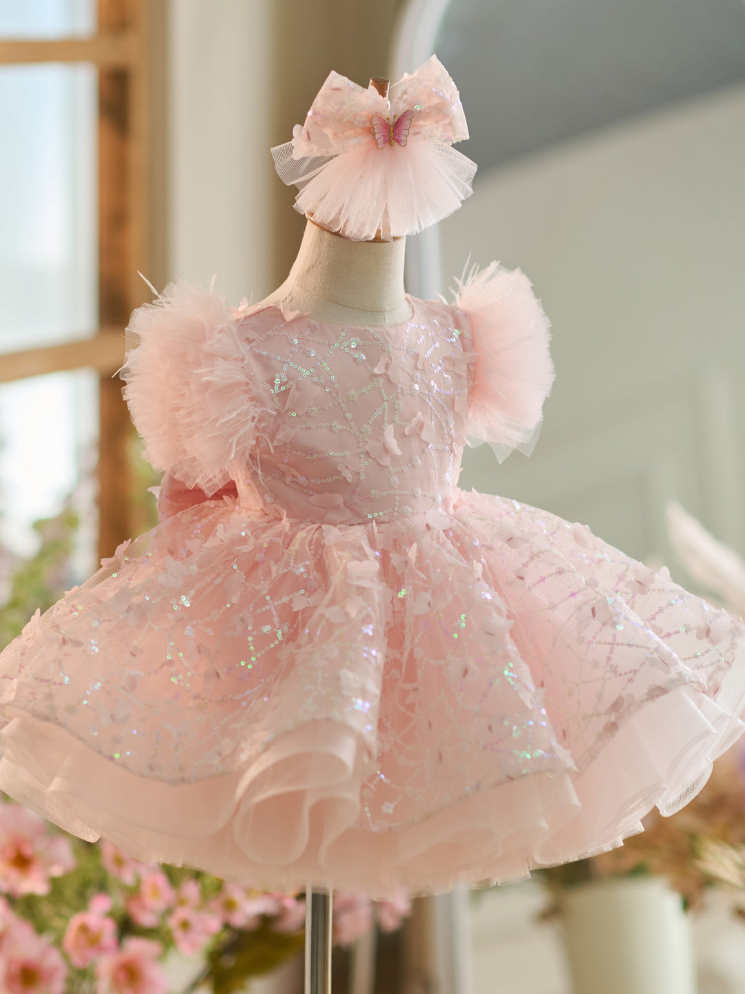 Robe de Soirée 1Er Anniversaire en Tulle à Paillettes Longueur Genou