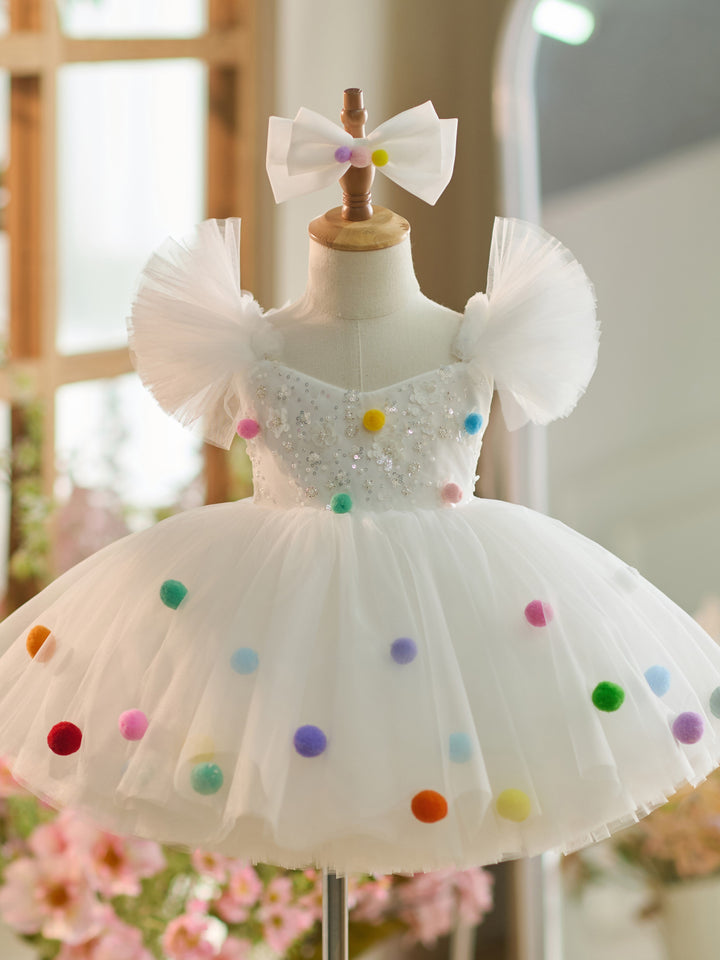 Robe de Soirée 1Er Anniversaire en Tulle à Paillettes Blanches Jusqu'Aux Genoux