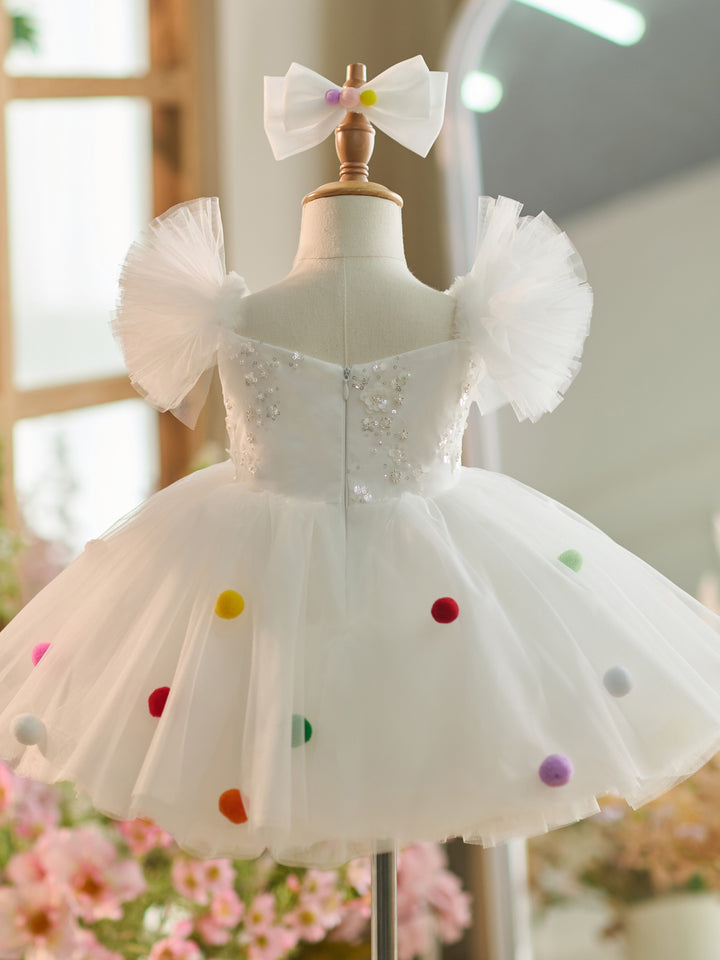 Robe de Soirée 1Er Anniversaire en Tulle à Paillettes Blanches Jusqu'Aux Genoux
