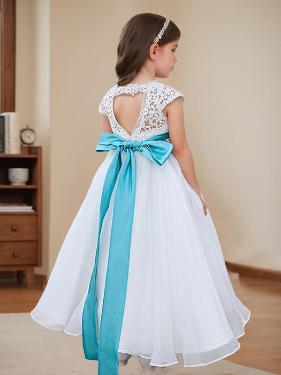 Robe de Demoiselle D'Honneur en Dentelle et Organza Ivoire Longueur Cheville Coupe A